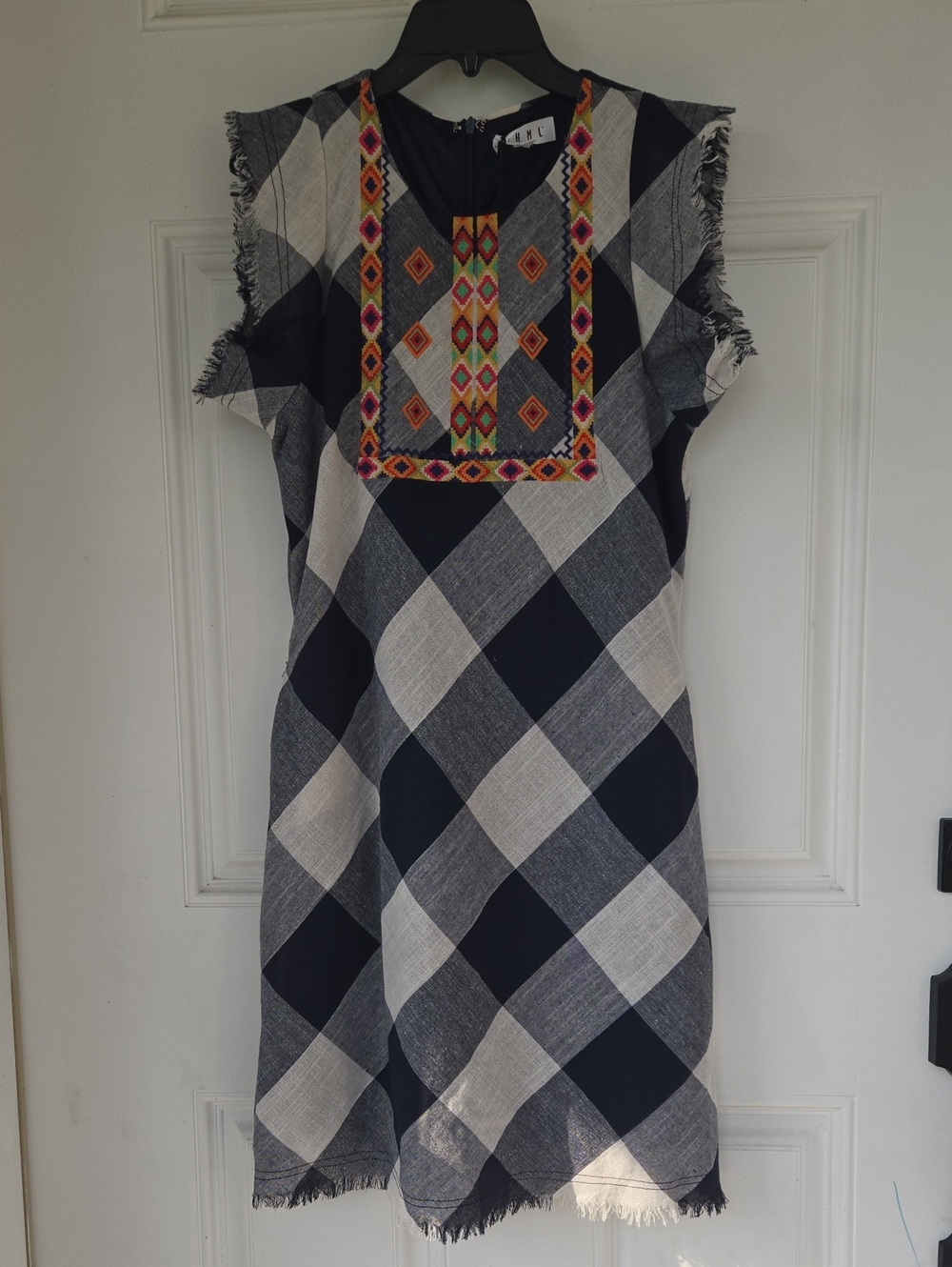 THML Plaid Boho Indie Embroidery Mini Dress
